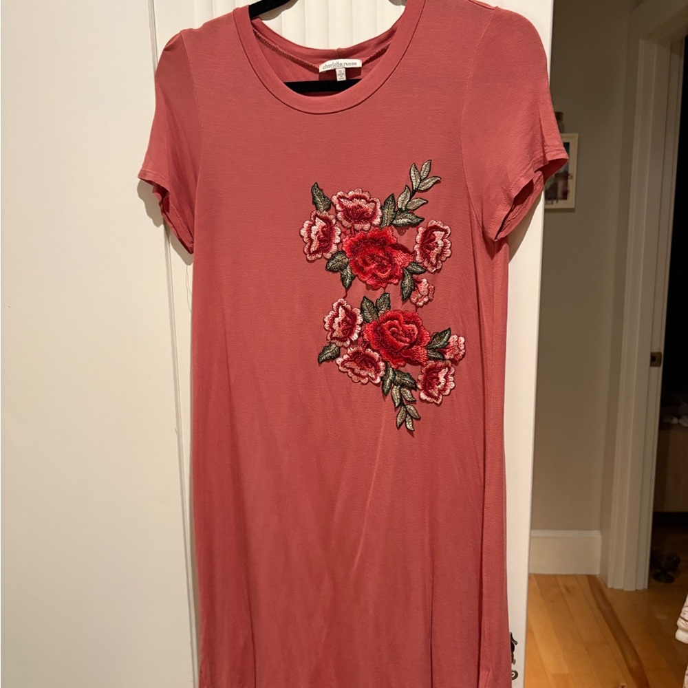 Dusty Pink Floral Embroidered TShirt Dress